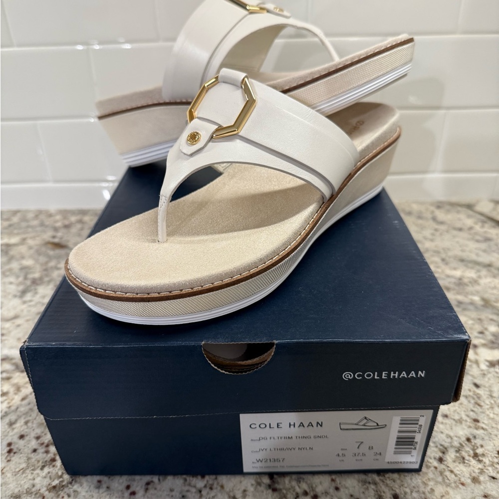 Cole Haan Women's Ivory Wedge Thong Sandals with Gold Hardware